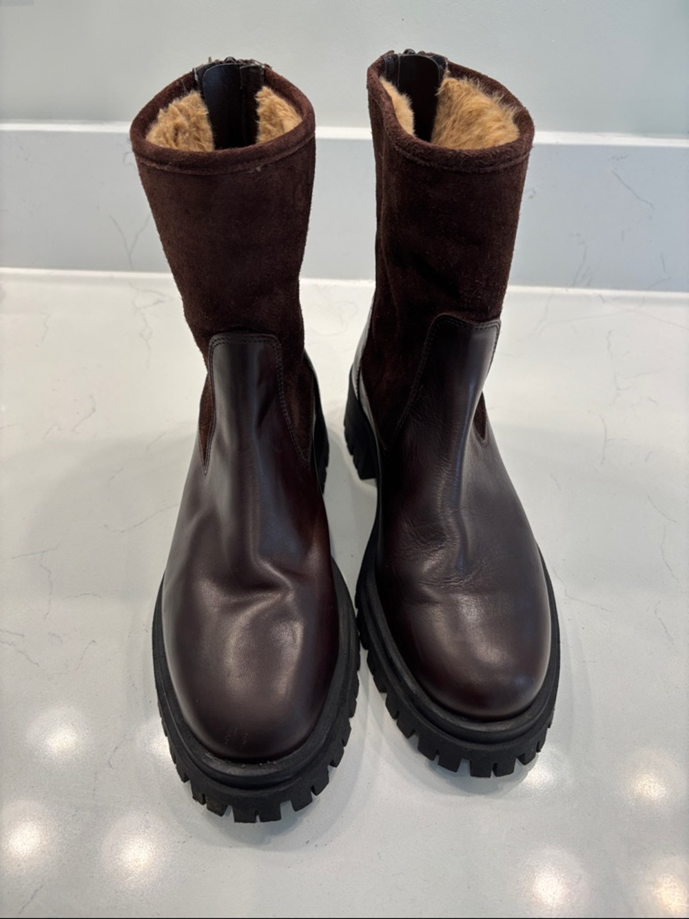 Sale- Italian Women's Brown Leather & Suede Fleece-Lined Ankle Boots